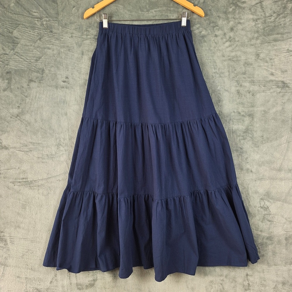 Womens Skirt Medium Blue Tiered Broomstick Boho Prairie Peasant Maxi Pockets - Picture 7 of 8